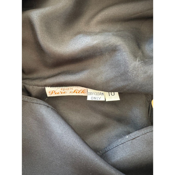 Vtg 80s 100% Silk Black Dress Yellow PolkaDot Ruched Blouson M 10 - Picture 10 of 13